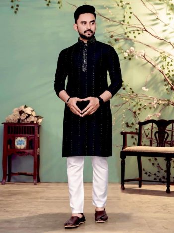 DESIGNER COTTON SEQUENCE WORK MEN'S KURTA WITH PAYJAMA BLACK