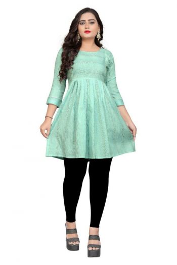 DESIGNER COTTON WEAVING THREAD WORK  WOMEN TOP SEA GREEN
