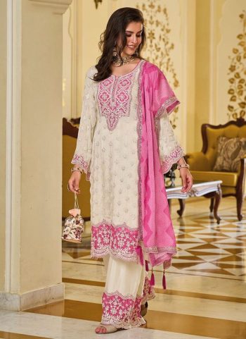 DESIGNER GEORGETTE CHAIN SEQUENCE WORK TOP PALAZZO WITH DUPATTA WHITE