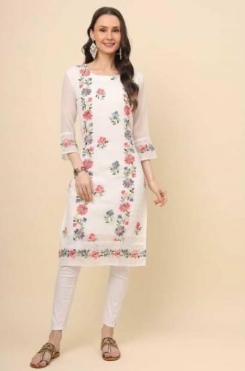 DESIGNER GEORGETTE CHICKANKARI WORK ONLY KURTI WHITE