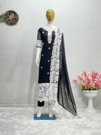 DESIGNER GEORGETTE CHINE STITCHED REAL MIRROR WORK TOP PENT WITH DUPATTA BLACK