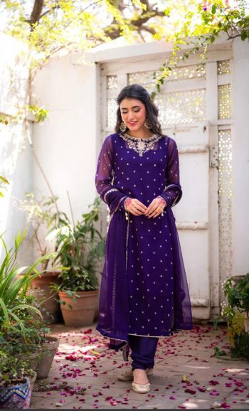 FANCY GEORGETTE EMBROIDERY SEQUENCE TOP BOTTOM WITH DUPATTA  PURPLE
