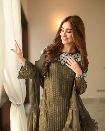 DESIGNER GEORGETTE EMBRODIERY SEQUENCE WORK TOP BOTTOM WITH DUPATTA OLIVE