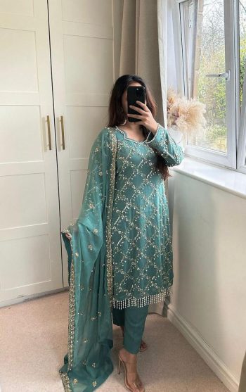 DESIGNER GEORGETTE EMBROIDERY SEQUENCE LATKAN WORK TOP BOTTOM WITH DUPATTA SKY