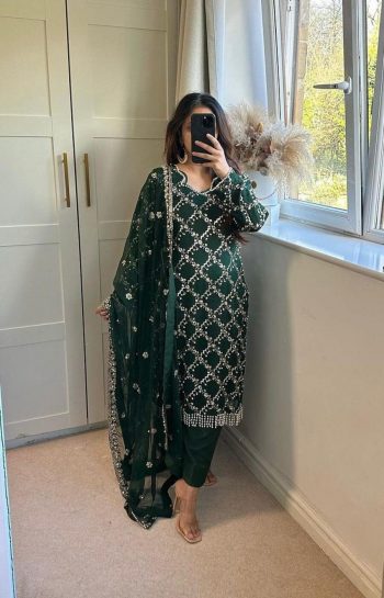 DESIGNER GEORGETTE EMBROIDERY SEQUENCE LATKAN WORK TOP BOTTOM WITH DUPATTA GREEN