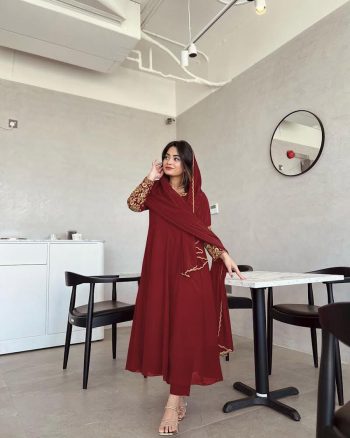 TRENDING GEORGETTE EMBROIDERY SEQUENCE WORK  FLAIRED GOWN BOTTOM WITH DUPATTA BROWN
