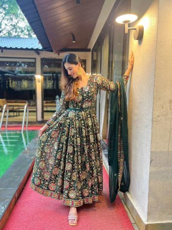 FANCY GEORGETTE EMBROIDERY SEQUENCE WORK GOWN BOTTOM  WITH DUPATTA GREEN