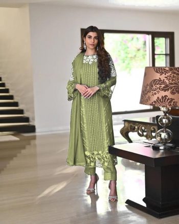 DESIGNER GEORGETTE EMBRODIERY SEQUENCE WORK TOP BOTTOM WITH DUPATTA OLIVE