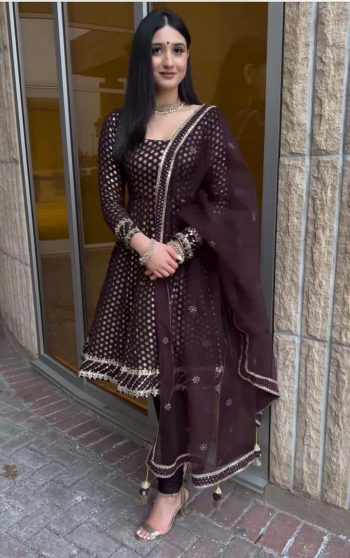 DESIGNER GEORGETTE EMBROIDERY SEQUENCE WORK TOP BOTTOM WITH DUPATTA  COFFEE