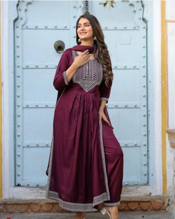 DESIGNER RAYON EMBROIDERY SEQUENCE WORK TOP BOTTOM WITH  DUPATTA MAROON
