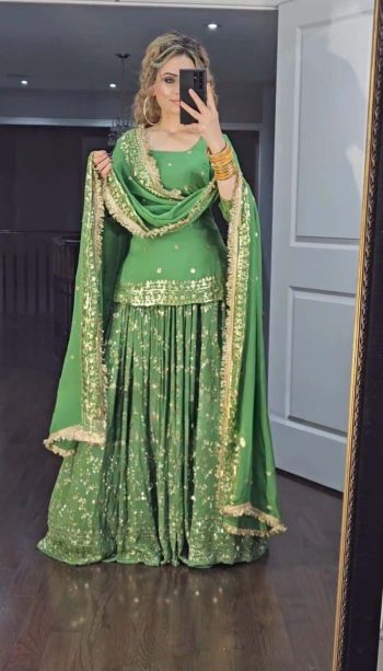 DESIGNER GEORGETTE EMBROIDERY SEQUENCE WORK TOP LEHENGA WITH DUPATTA PERROT GREEN