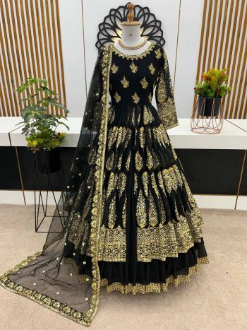 WEDDING WEAR  GEORGETTE SEQUENCE EMBROIDERY WORK TOP LEHENGA WITH DUPATTA BLACK