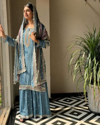 DESIGNER GEORGETTE EMBROIDERY SEQUENCE WORK TOP PALAZZO WITH DUPATTA SEA BLUE