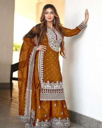 DESIGNER GEORGETTE EMBROIDERY SEQUENCE WORK TOP SHARARA WITH DUPATTA MUSTARD