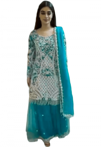 DESIGNER GEORGETTE EMBROIDERY STONE HAND WORK TOP PALAZZO WITH DUPATTA SKY