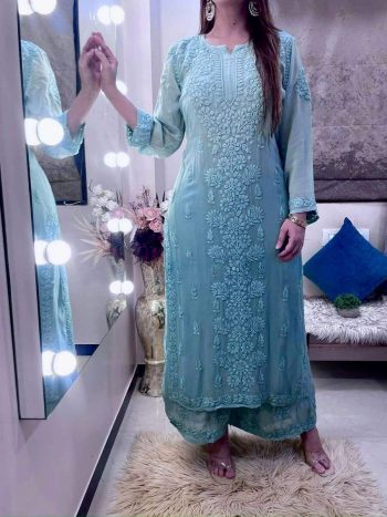 PARTY WEAR GEORGETTE EMBROIDERY WORK KURTI WITH PALAZZO SKY