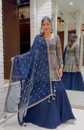 DESIGNER GEORGETTE EMBROIDERY WORK TOP LEHENGA WITH DUPATTA  NAVY BLUE