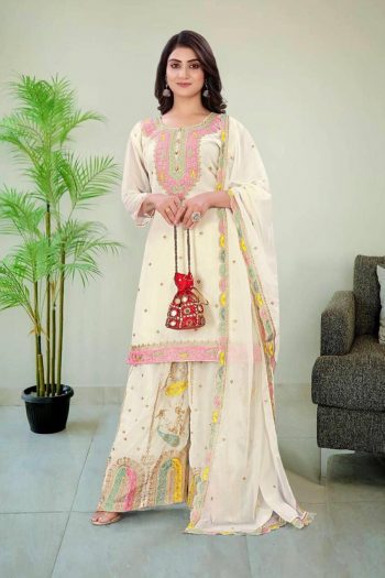 DESIGNER GEORGETTE EMBROIDERY WORK TOP PALAZZO WITH DUPATTA OFF WHITE