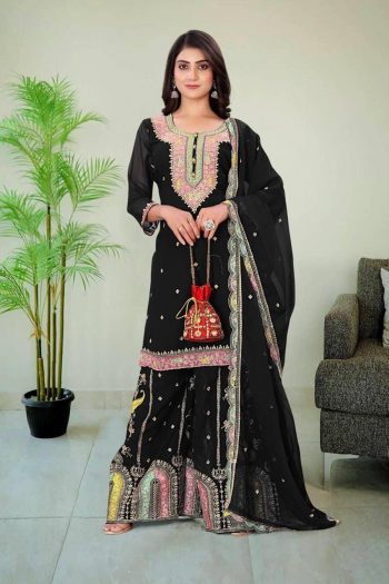 DESIGNER GEORGETTE EMBROIDERY WORK TOP PALAZZO WITH DUPATTA BLACK