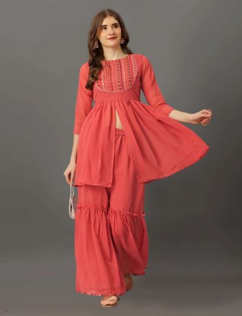 DESIGNER GEORGETTE EMBROIDERY WORK TOP WITH SHARARA PINK