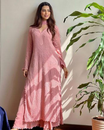 TRENDY GEORGETTE EMBROIDERY THREAD WORK TOP PALAZZO WITH DUPATTA PINK