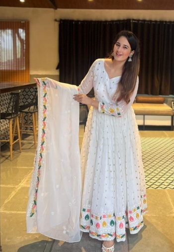 DESIGNER GEORGETTE SEQUENCE EMBROIDERY WORK ANARKALI PANT WITH DUPATTA WHITE