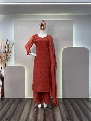 DESIGNER GEORGETTE THREAD EMBROIDERY WORK TOP PALAZZO WITH DUPATTA PEACH