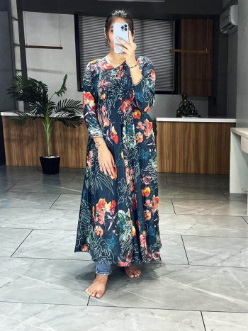 DESIGNER HEAVY CHINON FLORAL PRINTED GOWN NAVY BLUE