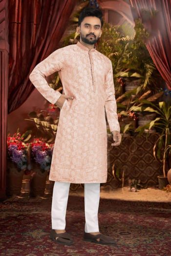 DESIGNER JACQURAD PINTEX TIE MEN'S KURTA WITH PAYJAMA PEACH