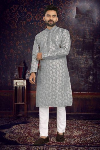 DESIGNER JACQURAD PINTEX TIE MEN'S KURTA WITH PAYJAMA GREY