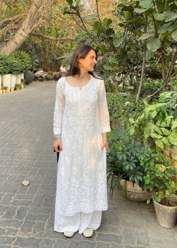 DESIGNER MASLIN COTTON EMBROIDER WORK KURTI  WITH PALAZZO WHITE