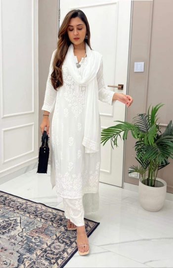 DESIGNER THREAD WITH EMBROIDERY WORK TOP PALAZZO WITH DUPATTA WHITE