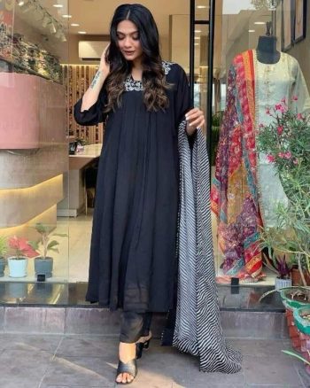 DESIGNER MUSLIN MIRROR WORK TOP BOTTOM WITH DUPATTA  BLACK