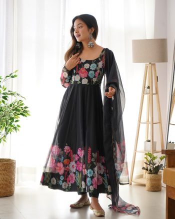 DESIGNER ORGANZA SILK PRINT WORK WITH ZARI FLOWER OUTING WORK GOWN PANT WITH DUPATTA BLACK
