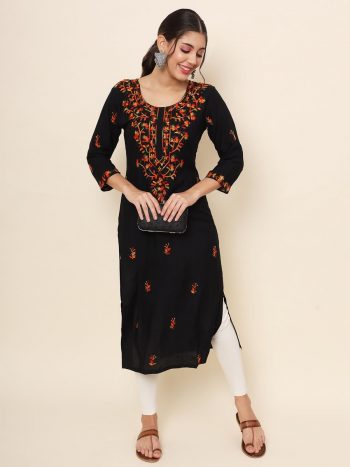 FORMAL WEAR RAYON CHICKANKARI WORK KURTI BLACK