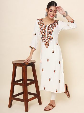 FORMAL WEAR RAYON CHICKANKARI WORK KURTI WHITE