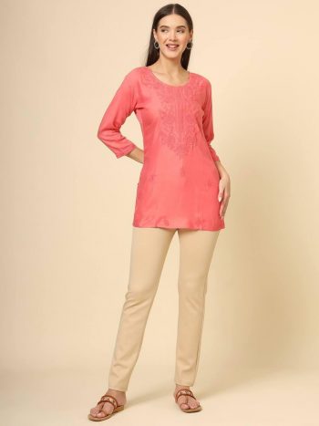 DESIGNER RAYON CHICKENKARI WORK ONLY KURTI PINK