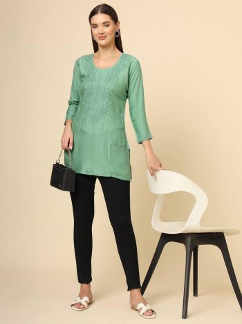 DESIGNER RAYON CHICKENKARI WORK ONLY KURTI SEA GREEN