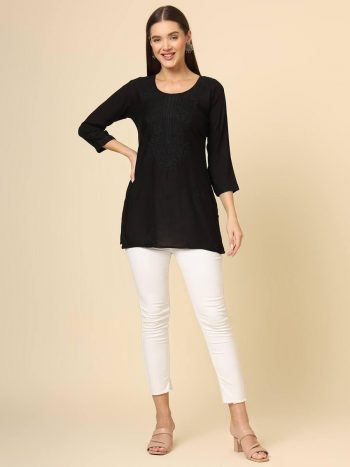 DESIGNER RAYON CHICKENKARI WORK ONLY KURTI BLACK