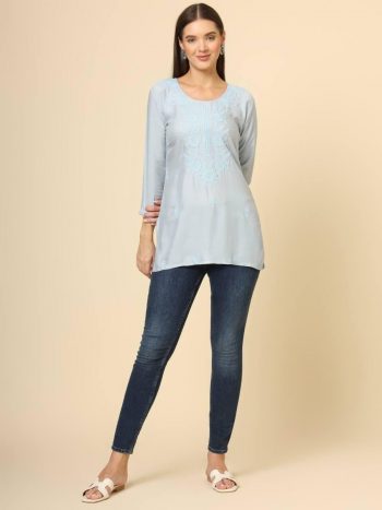 DESIGNER RAYON CHICKENKARI WORK ONLY KURTI SKY