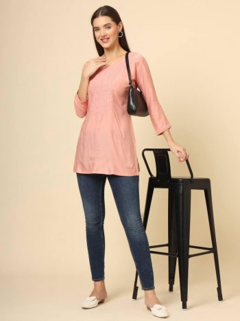 DESIGNER RAYON CHICKENKARI WORK ONLY KURTI PEACH