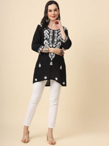 DESIGNER RAYON CHICKENKARI WORK ONLY KURTI BLACK