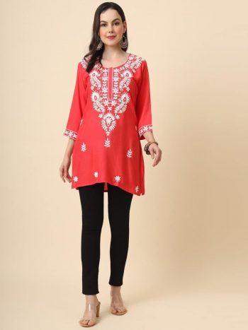 DESIGNER RAYON CHICKENKARI WORK ONLY KURTI RED