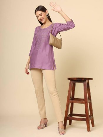 DESIGNER RAYON CHICKENKARI WORK ONLY KURTI PURPLE