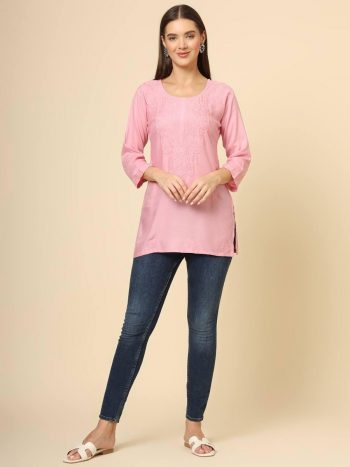 DESIGNER RAYON CHICKENKARI WORK ONLY KURTI BABY PINK