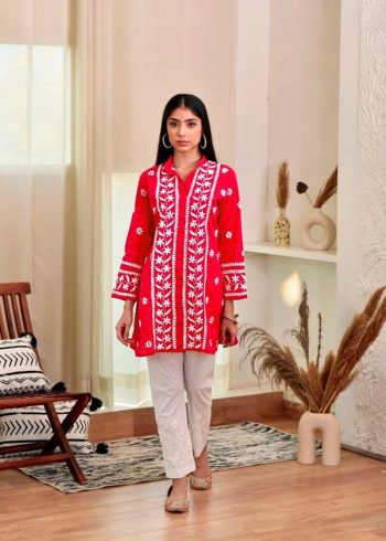 DESIGNER RAYON CHIKANKARI WORK READY TO WEAR SHORT KURTI RED