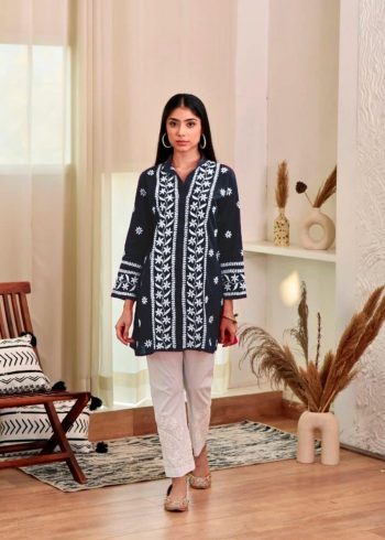 DESIGNER RAYON CHIKANKARI WORK READY TO WEAR SHORT KURTI BLACK
