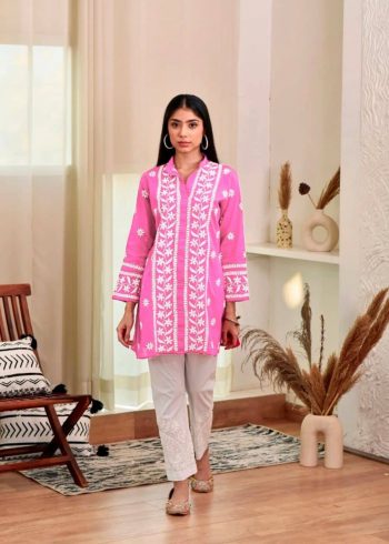 DESIGNER RAYON CHIKANKARI WORK READY TO WEAR SHORT KURTI PINK