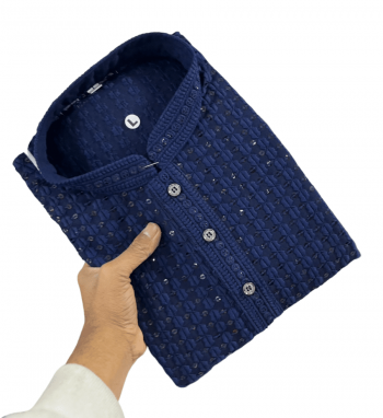 DESIGNER RAYON COTTON MACHINE EMBROIDERY WORK MEN'S KURTA PAYJAMA BLUE