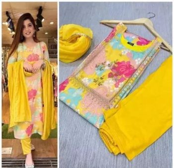 FORMAL WEAR RAYON DIGITAL PRINT WORK TOP BOTTOM WITH DUPATTA YELLOW